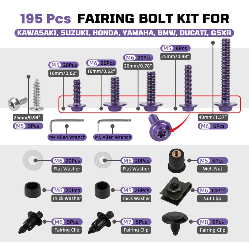 PIKPOP Motorcycle Fairing Bolt Kit, 210 Pcs Stainless Steel M5 M6 Universal Windscreen Screw Accessories for Kawasaki, Yamaha, Suzuki, Honda, Ducati, BMW, Included Fastener, Nut, Spire Clip (Sugar Purple) - Image 4
